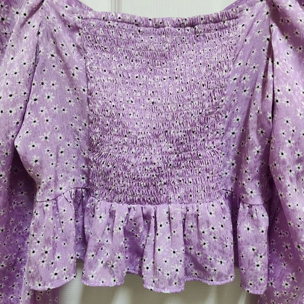 Zara Top Women Sz M Purple Floral Sweetheart Lace Up Puff Slv Smocked Babydoll